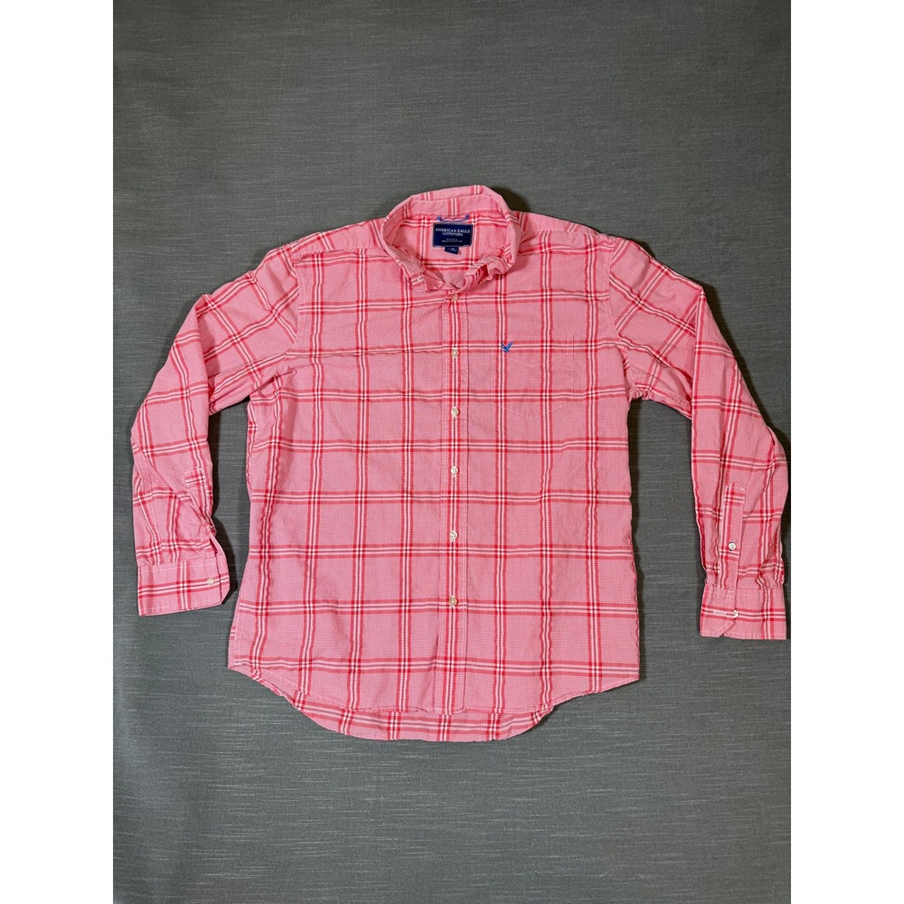 American Eagle Mens‎ Red Plaid Button Down Shirt Long Sleeve L Large Pocket Logo